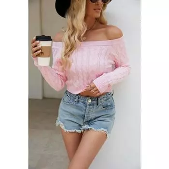 Женский короткий свитер облегающего кроя с перекрученной вязкой и однотонным вырезом, осенне-зимняя коллекция S розовый