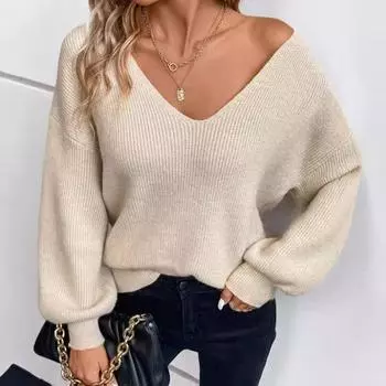 Женский осенне-зимний сексуальный свитер с открытой спиной, шнуровкой, V-образным вырезом и длинными рукавами S чёрный