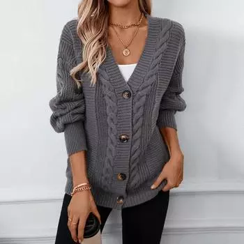 Women s Fall/Winter V-neck Sweater Loose Casual Balloon Sleeve Twist Knit Cardigan S хаки