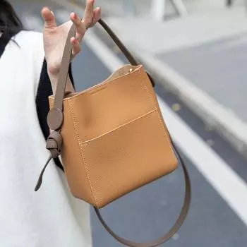 Women s Fancy Fashion Small Leather Bucket Bag Biscuit color (first layer cowhide In Stock)