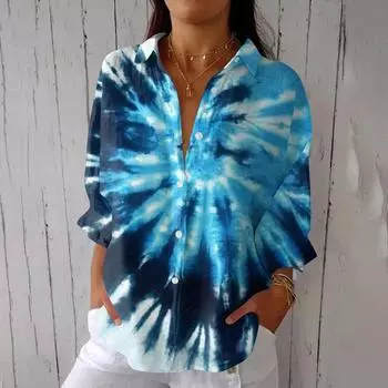 Women s Fashion 3/4 Sleeve Casual Lapel Back Tie-Dye Floral Print T-Shirt Top L синий