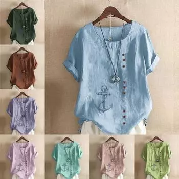 Женская модная футболка с круглым вырезом и коротким рукавом с принтом якоря, повседневная рубашка из хлопка и льна с графическим принтом, свободная летняя блузка для отдыха, топы S розовый