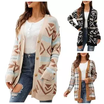 Женская мода осень и зима темперамент ромбовидный свободный свитер в длинный вязаный кардиган пальто S коричневый