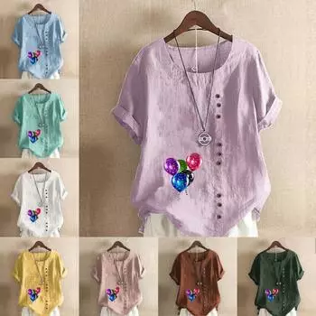 Women s Fashion Balloons Print Shot Sleeve T-shirt Loose Cotton Shirt Casual Loose Summer Blouse Tops Plus Size S розовый