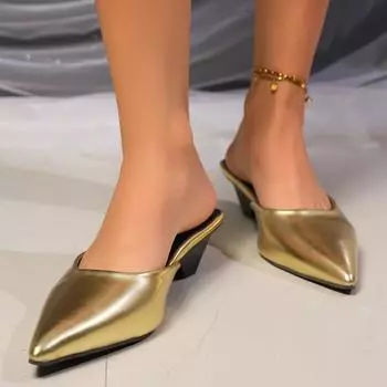 Women s Fashion Baotou Slippers Autumn New Pointed Head Shallow Mouth Bright Face Temperament A Slip-on Thick Heel Sandals 35 золотой