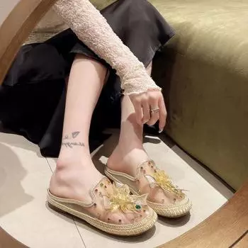 Women s Fashion Baotou Slippers Autumn New Mesh Breathable Diamond Butterfly Knot Soft Sole Non-slip Single Shoes 35