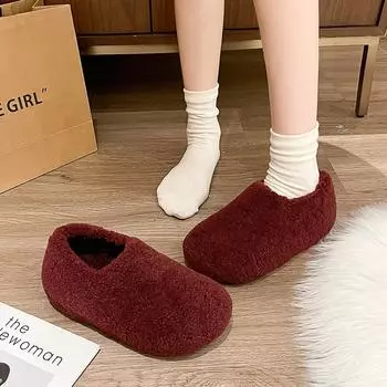 Women s Fashion Baotou Slippers Winter New Round Head Deep Mouth Suede Soft Sole Non-slip Comfortable Flat Shoes 35 бежевый