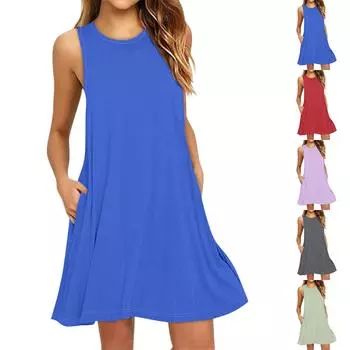 Women s Fashion Beach Dress Sleeveless Round Neck Solid Color Dress L
