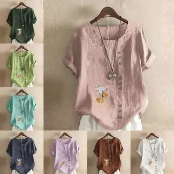 Женская мода Bear Hugs T Принтованная футболка с круглым вырезом и коротким рукавом Повседневная хлопковая льняная рубашка с рисунком Свободная летняя блузка Топы S розовый