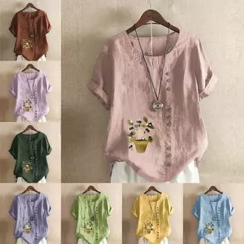 Women s Fashion Bees and Green Plants Prined Round Neck Short Sleeve T-shirt Casual Cotton Linen Graphic Shirt Leisure Loose Summer Blouse Tops S розовый