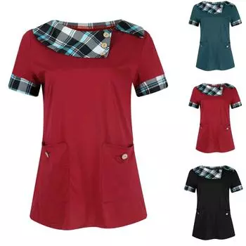 Женская модная футболка большого размера с круглым вырезом и карманом на пуговицах и коротким рукавом L чёрный