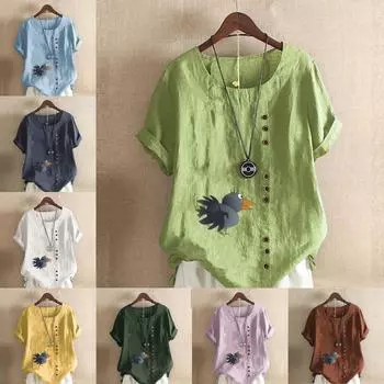 Женская модная черная футболка с круглым вырезом и коротким рукавом с принтом в виде ворона, повседневная рубашка из хлопка и льна с рисунком, свободная летняя блузка для отдыха, топы S розовый