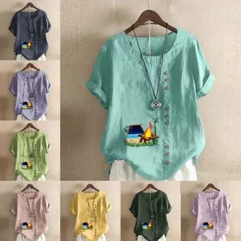 Women s Fashion Bonfire Prined Round Neck Short Sleeve T-shirt Casual Cotton Linen Graphic Shirt Leisure Loose Summer Blouse Tops S розовый