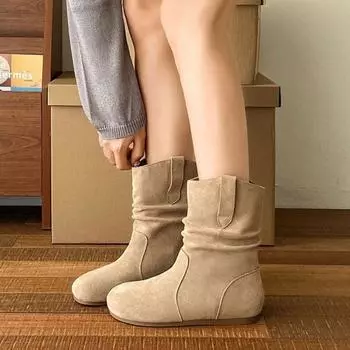 Women s fashion boots autumn and winter new Maillard retro solid color sleeve suede fashion boots flat-bottomed medium boots 35