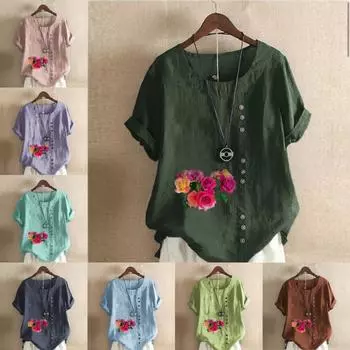 Женская мода Букет цветов Принтованный короткий рукав футболка свободная хлопковая рубашка повседневная свободная летняя блузка топы размера плюс S розовый