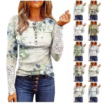 Женский модный топ с круглым вырезом и пуговицами, с цветочным принтом и кружевом, с длинными рукавами L бежевый