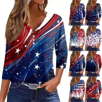 Women s Fashion Button V Neck Seven Sleeve Independence Day Printed Top XXL