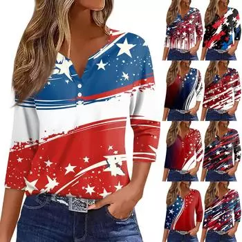 Women s Fashion Button V Neck Seven Sleeve Independence Day Printed Top S тёмно-синий