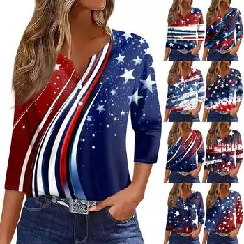 Women s Fashion Button V Neck Seven Sleeve Independence Day Printed Top XXL киноварь