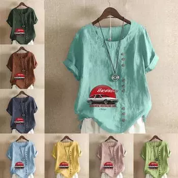 Women s Fashion Car Under the Sunset Print Short Sleeve T-shirt Loose Cotton Shirt Casual Loose Summer Blouse Tops Plus Size S розовый