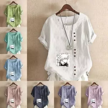 Women s Fashion Cartoon Characters Prined Round Neck Short Sleeve T-shirt Casual Cotton Linen Graphic Shirt Leisure Loose Summer Blouse Tops Plus Size S розовый