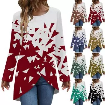 Women s Fashion Casua Printed Long Sleeve Round Neck Cross Hem T-Shirt Top L