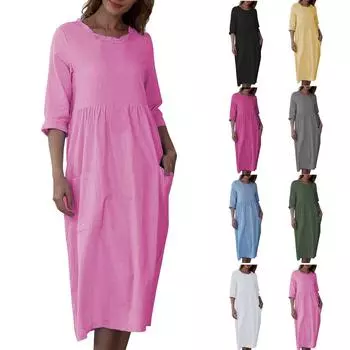 Женское модное повседневное платье-туника средней длины с рукавами 3/4 и рюшами, круглым вырезом и двойным карманом, с карманами средней длины L синий