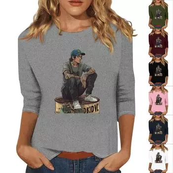 Women s Fashion Casual 3/4 Sleeve Street Print Round Neck Pullover Top XXXL белый