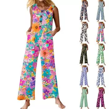Women s Fashion Casual Button Sleeveless Jumpsuit Floral Flower Print Cotton Pocket Jumpsuit S