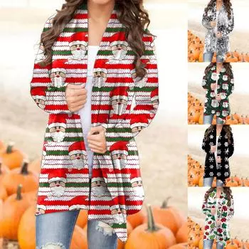 Women s Fashion Casual Christmas Christmas Old Man Print Cardigan Jacket L зелёный