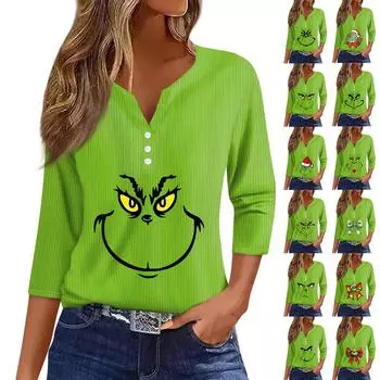 Women‘s Fashion Casual Christmas Printed V-neck 3/4 Sleeve Button Knit Hoodie Regular Top M
