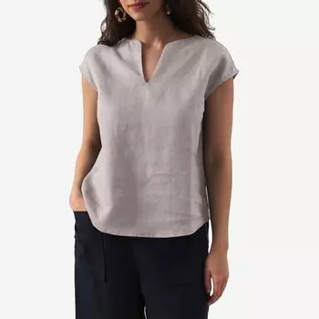Women s Fashion Casual Cotton Linen V-Neck Cover Sleeve Solid Color Shirt T-Shirt Top L бежевый