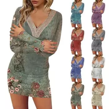 Women s Fashion Casual Floral Print Long Sleeve V-Neck Lace Button Dress L бежевый