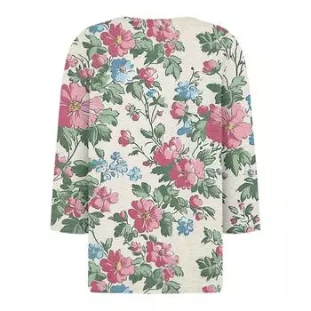 Women s Fashion Casual Floral Print V-Neck Decorative Button Three-quarter Sleeve T-Shirt Top S темно-синий
