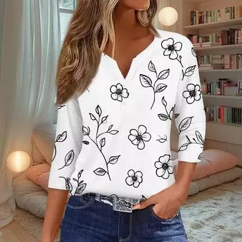 Women s Fashion Casual Floral Print V-Neck Decorative Button Three-quarter Sleeve T-Shirt Top S зелёный