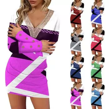 Women s Fashion Casual Geometry Print Long Sleeve V-Neck Lace Button Dress L синий