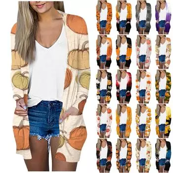 Женская мода, повседневный кардиган средней длины с цветочным принтом на Хэллоуин, куртка, пальто XL чёрный