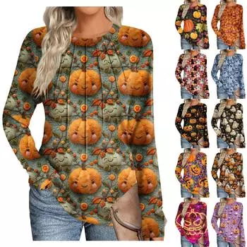 Women s Fashion Casual Halloween Long Sleeve Round Neck Top L чёрный