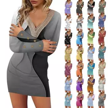 Women s Fashion Casual Line Print Long Sleeve V-Neck Lace Button Dress L чёрный