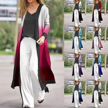 Женская мода повседневная с длинным рукавом и градиентным принтом длинная куртка кардиган пальто XL винный