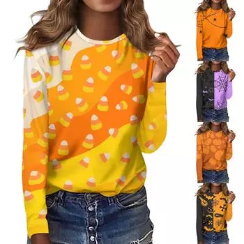 Женская мода, повседневная блузка с длинным рукавом и принтом на Хэллоуин, пуловер с круглым вырезом XXXXXL шафрановый