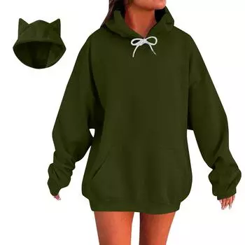 Women s Fashion Casual Long Sleeve Solid Color Hooded Sweatshirt Tops L армия зеленый