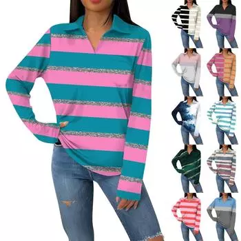 Женская модная повседневная футболка с длинным рукавом и V-образным вырезом в полоску с принтом и лацканами L бежевый