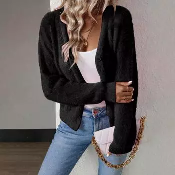 Women s Fashion Casual Loose Long Sleeve V-Neck Sweater Jacket L чёрный