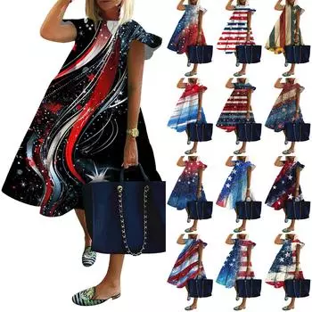 Women s Fashion Casual Loose Round Neck Ruffle Sleeve Independence Day Printed Dresses M чёрный