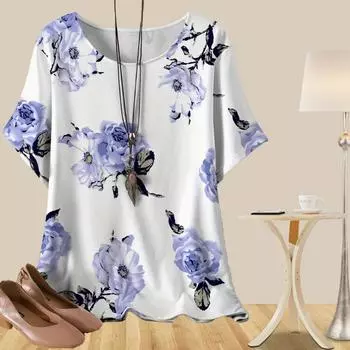 Женская мода повседневная свободная весенняя рубашка женские топы с коротким рукавом и принтом роз XS синий
