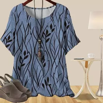 Женская мода повседневная свободная весенняя рубашка женские топы с коротким рукавом с упрощенным принтом растений XS синий