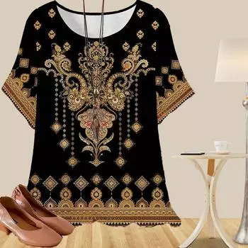 Женская мода повседневная свободная весенняя рубашка женские топы с коротким рукавом винтажные изысканные узоры с принтом XS жёлтый