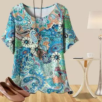 Женская мода повседневная свободная весенняя рубашка женские топы с коротким рукавом и принтом кешью-квадрат XS синий