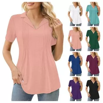 Женская мода, повседневная свободная футболка с v-образным вырезом, плиссированная полоса и рюшами, однотонная, с коротким рукавом, свободная футболка в уличном стиле, топы M